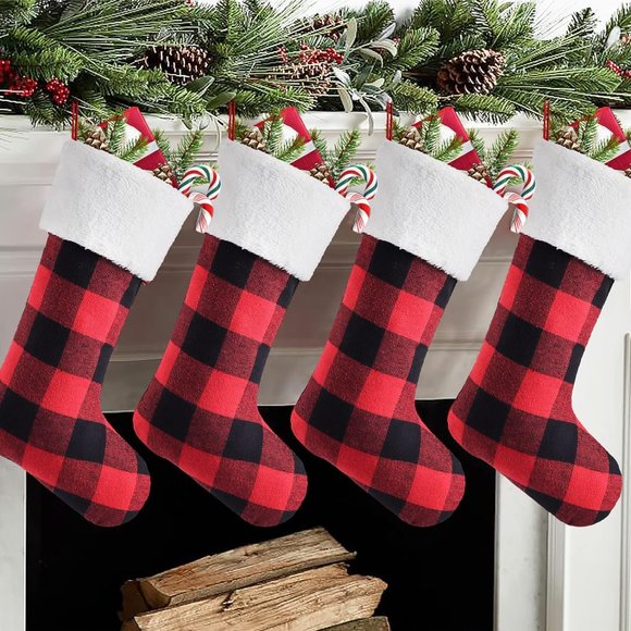 Meriwoods Christmas Stocking 4 Pk Rustic Xmas Stockings w/Buffalo Plaid & Faux f - Picture 1 of 7